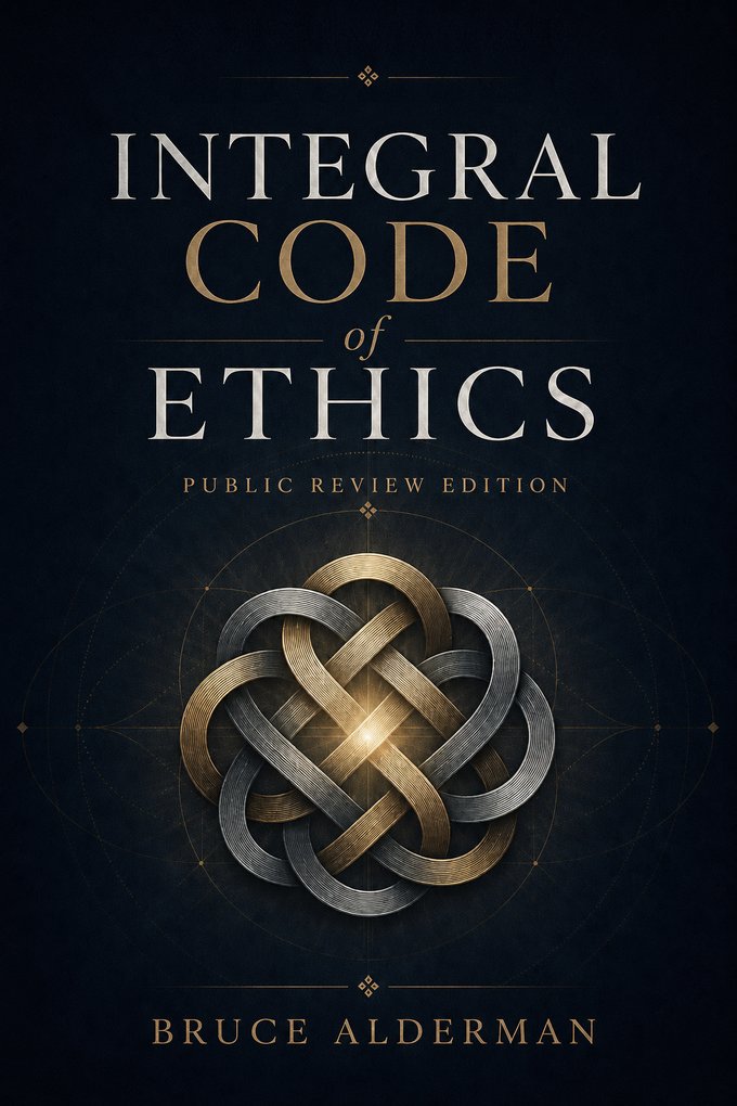 Cover of the Integral Code of Ethics, Public Review Edition, showing a gold and silver wild knot on deep navy