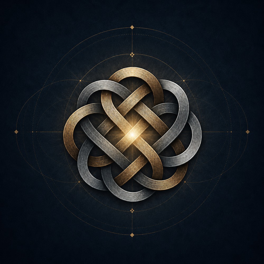 A wild knot of interwoven gold and silver strands, illuminated at its center, set within fine geometric linework