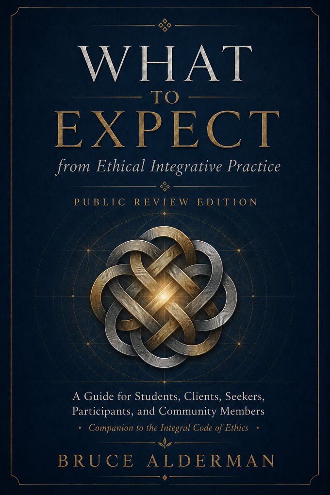 Cover of &lsquo;What to Expect from Ethical Integrative Practice&rsquo; &mdash; a gold and silver knot on deep navy